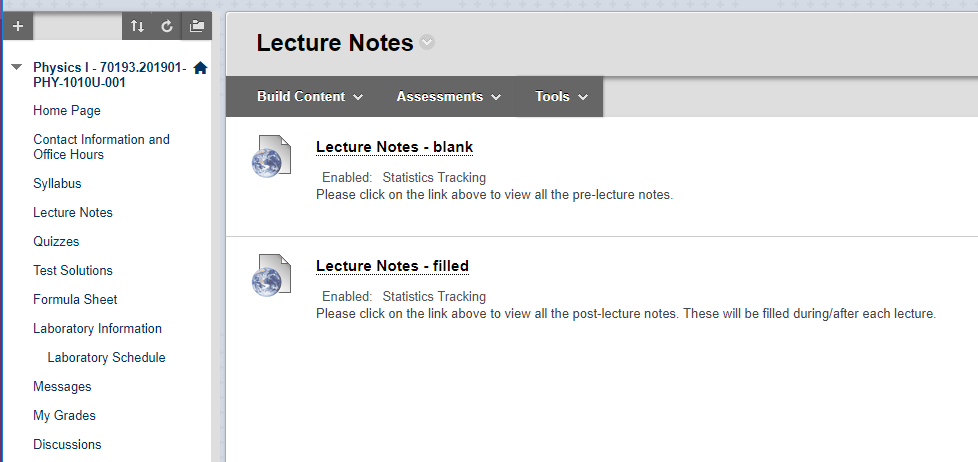 Figure 2. Links for blank and filled lecture notes in Blackboard course