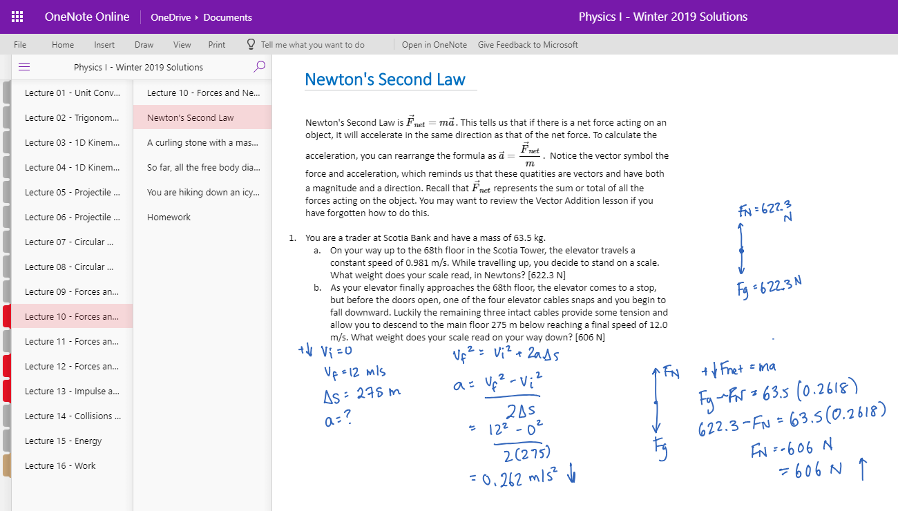 Figure 3. Student view of filled lecture notes on OneNote Online