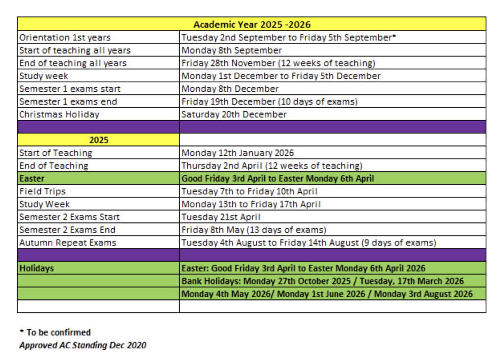 Image showing academic calendar for University of Galway 25-26