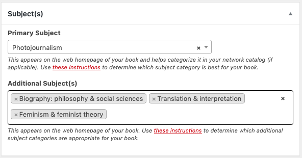 The Subject section on the Book Info page