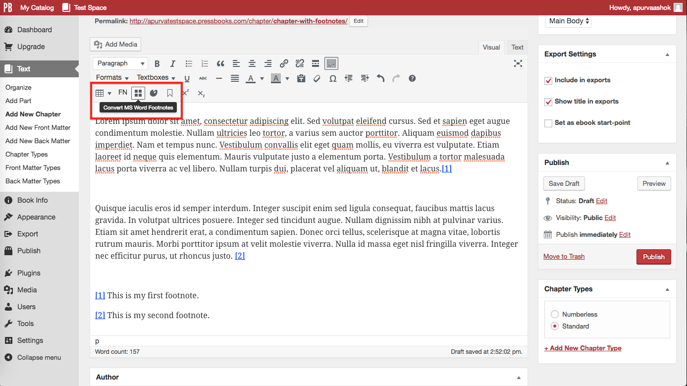 After copying or importing Word doc, click "Convert MS Word Footnotes" button