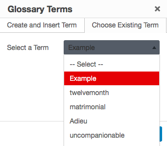 The Choose Existing Term tab on the Glossary Terms interface.