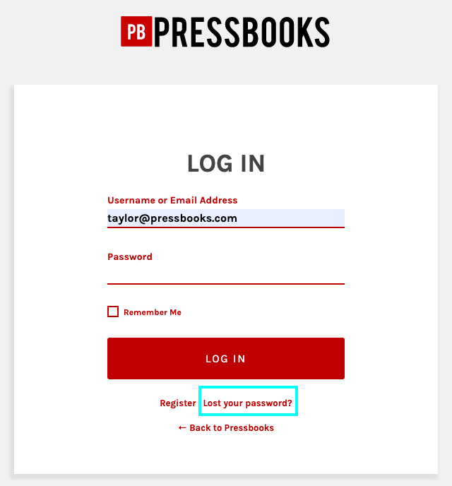 The Lost Your Password link on the log in form, highlighted.