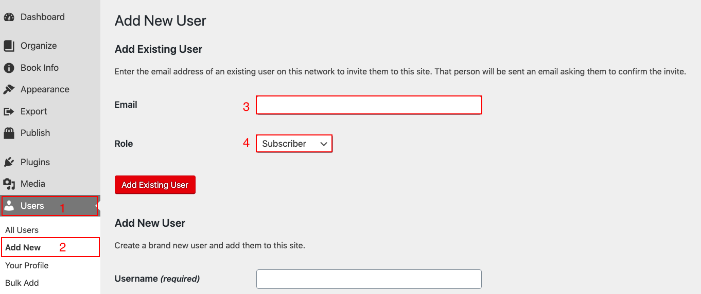 Add existing user form with numbered cues